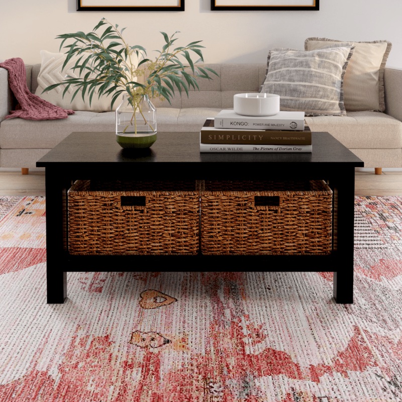 Woven Paths Traditional Storage Coffee Table with Bins, Black
