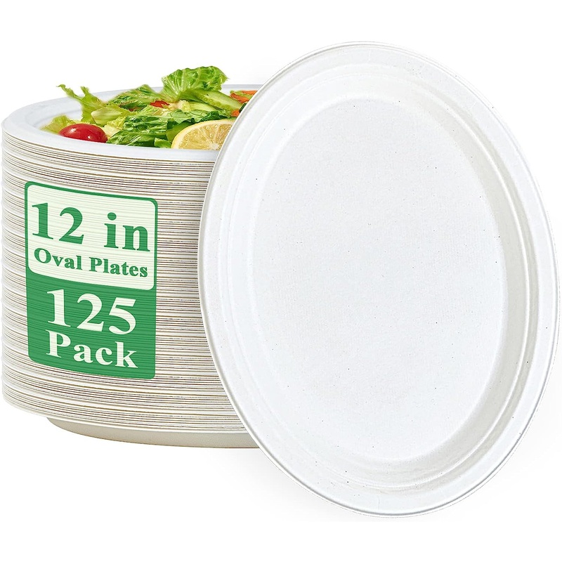 Vplus 100% Compostable Oval Paper Plates 12 inch 125 Pack Super Strong Disposable Paper Plates Bagasse Natural Biodegradable Eco-Friendly Sugarcane Plates for BBQ, Party, Gathering, and Picnic