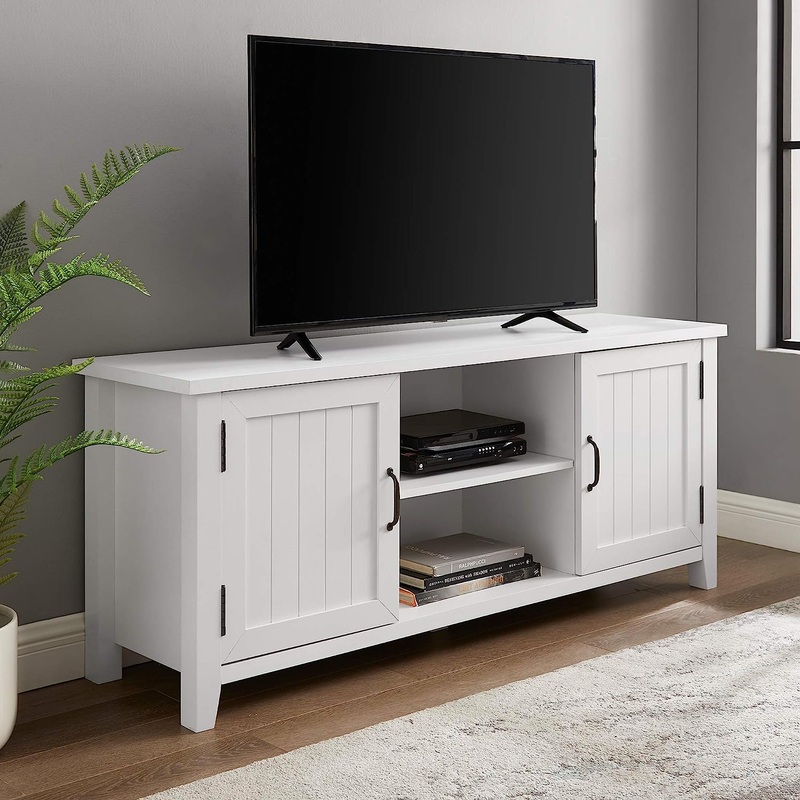 Walker Edison Buren Classic Grooved Door TV Stand for TVs up to 65 Inches, 58 Inch, Solid White