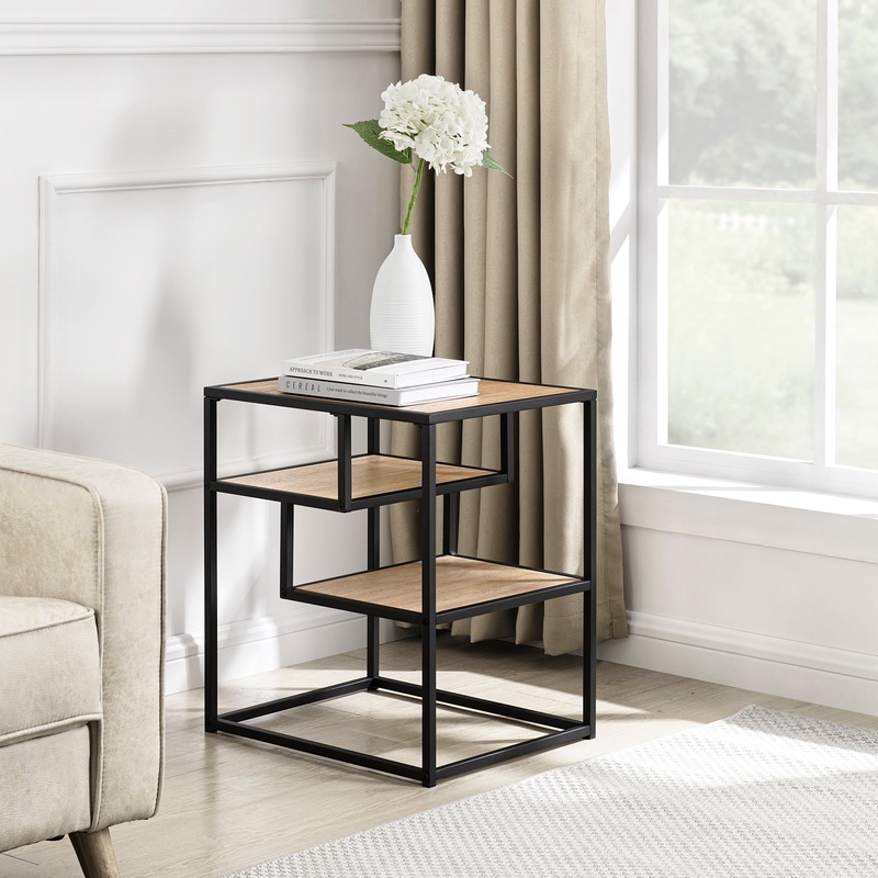 Walker Edison Contemporary Wood and Metal Tiered Side Table, Coastal Oak