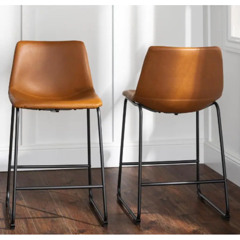 Walker Edison Wasatch 24 in. Whiskey Brown Low Back Metal Frame Counter Height Bar Stool with Faux Leather Seat (Set of 2)