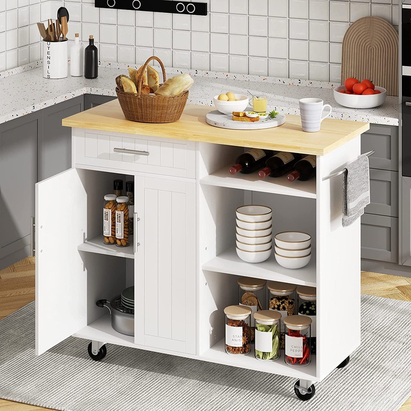 Walsunny Kitchen Island Cart with Storage,Rolling Kitchen Island Side Table on Wheels with Large Worktop,Storage Cabinet,Towel Rack and DrawersWhite