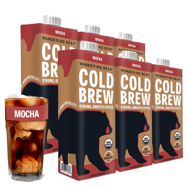 Wandering Bear Organic Mocha Cold Brew Coffee, 32 fl oz, 6 pack  Extra Strong, Smooth, Organic, Unsweetened, Shelf-Stable, and Ready to Drink Iced Coffee, Cold Brewed Coffee, Cold Coffee
