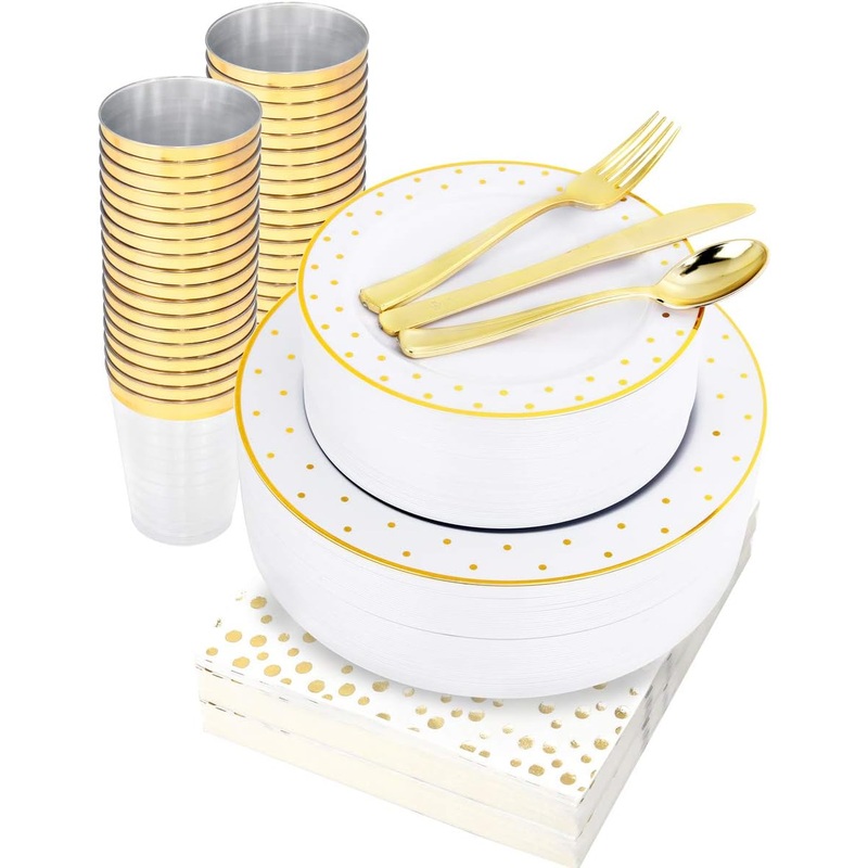 WELLIFE 350 Pcs Gold Dot Plastic Dinnerware, Disposable White Plates with Gold Dot Include: 50 Dinner Plates, 50 Dessert Plates, 50 Knives, 50 Forks, 50 Spoons, 50 Cups, 50 Napkins