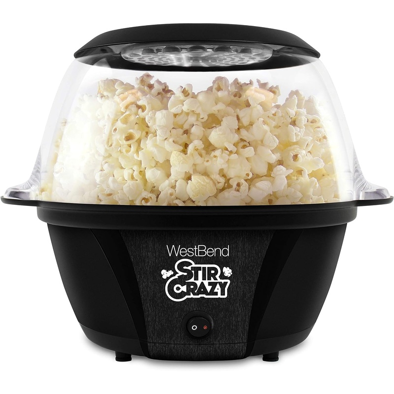 West Bend 82707B Stir Crazy Hot Oil Popcorn Popper, Popcorn Maker Machine with Large Serving Bowl Lid and Stirring Rod, 6 Qt, Black