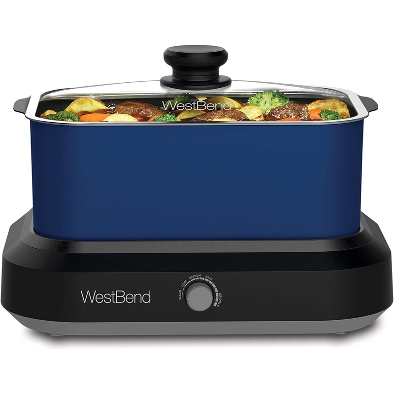 West Bend 87905B Slow Cooker Large Capacity Non-stick Variable Temperature Control Includes Travel Lid and Thermal Carrying Case, 5-Quart, Blue