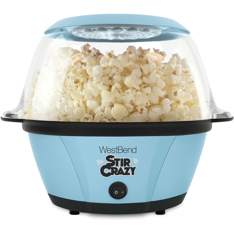 West Bend PC8270BL13 Stir Crazy Hot Oil Popcorn Popper, Popcorn Maker Machine with Large Serving Bowl Lid and Stirring Rod, 6 Qt, Blue