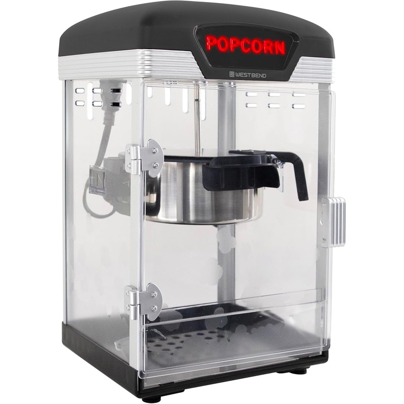 West Bend Stir Crazy Movie Theater Popcorn Popper, Gourmet Popcorn Maker Machine with Nonstick Popcorn Kettle and Popcorn Scoop for Popcorn Machine, 4 Qt., Black