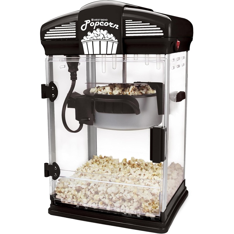 West Bend Stir Crazy Movie Theater Popcorn Popper, Gourmet Popcorn Maker Machine with Nonstick Popcorn Kettle, Measuring Tool and Popcorn Scoop for Popcorn Machine, 4 Qt., Black