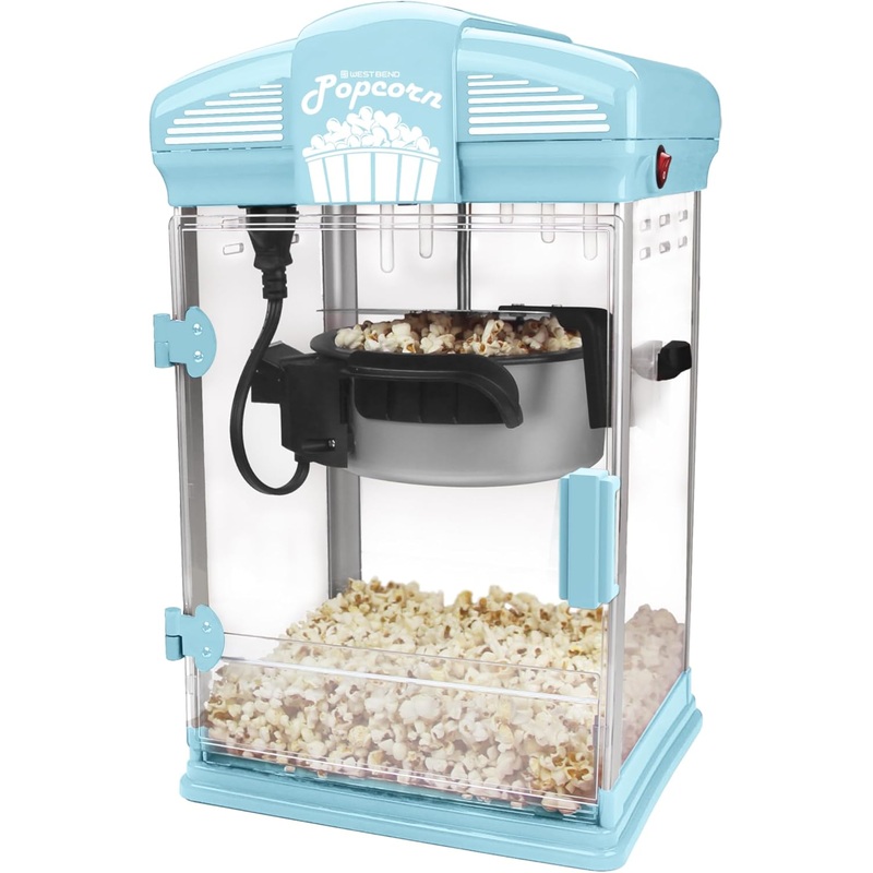 West Bend Stir Crazy Movie Theater Popcorn Popper, Gourmet Popcorn Maker with Nonstick Popcorn Kettle, Measuring Tool and Scoop , 4 Qt, Blue