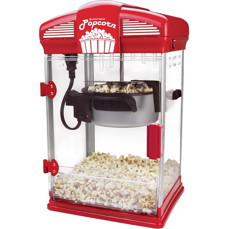 West Bend Stir Crazy Movie Theater Popcorn Popper with Nonstick Popcorn Kettle, Measuring Tool and Popcorn Scoop for Gourmet Popcorn Machine , 4 Qt., Red
