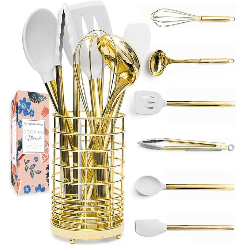 White Silicone and Gold Cooking Utensils Set with Holder  7PC Silicone Cooking Utensils Set Includes Gold Kitchen Utensils, Gold Whisk, Gold Spatula, & Gold Utensil Holder -Gold Kitchen Accessories