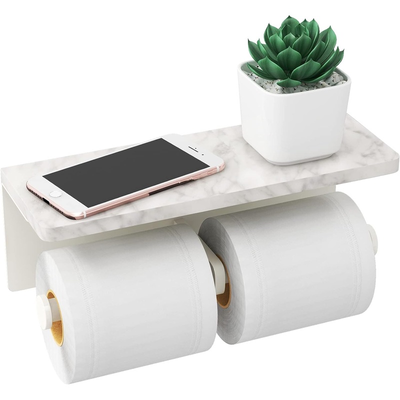 White Toilet Paper Holder with Shelf, New Upgrade Double Toilet Paper Holder with Storage, Marble Roll Toilet Paper Wall Mount for Bathroom Washroom