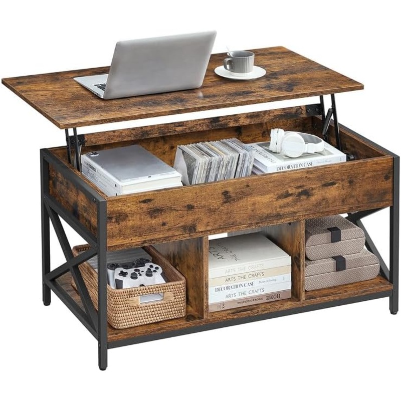 VASAGLE Lift Top Coffee Table for Living Room, Industrial Coffee Table with Hidden Compartments and Storage Shelf, Steel Frame, 19.7 x 39.4 x (19.3-24.4) Inches, Rustic Brown and Black ULCT202B01