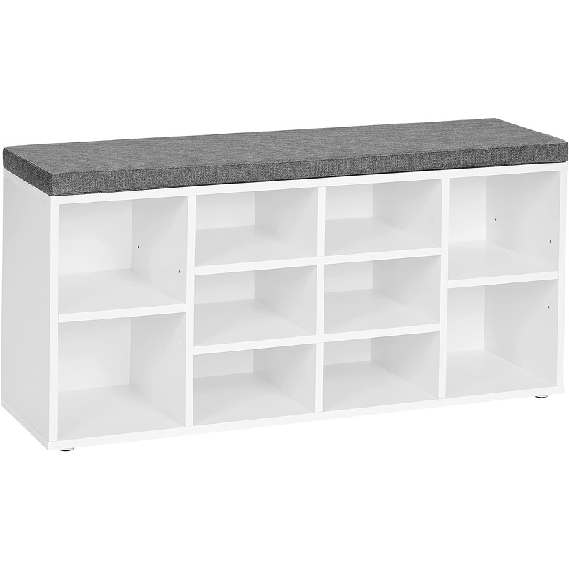 VASAGLE Rack Bench, Shoe Shelf, Storage Cabinet Compartments, with Cushion, for Entryway, 11.8 x 40.9 x 18.9 Inches, 10 Cubbies, White + Gray
