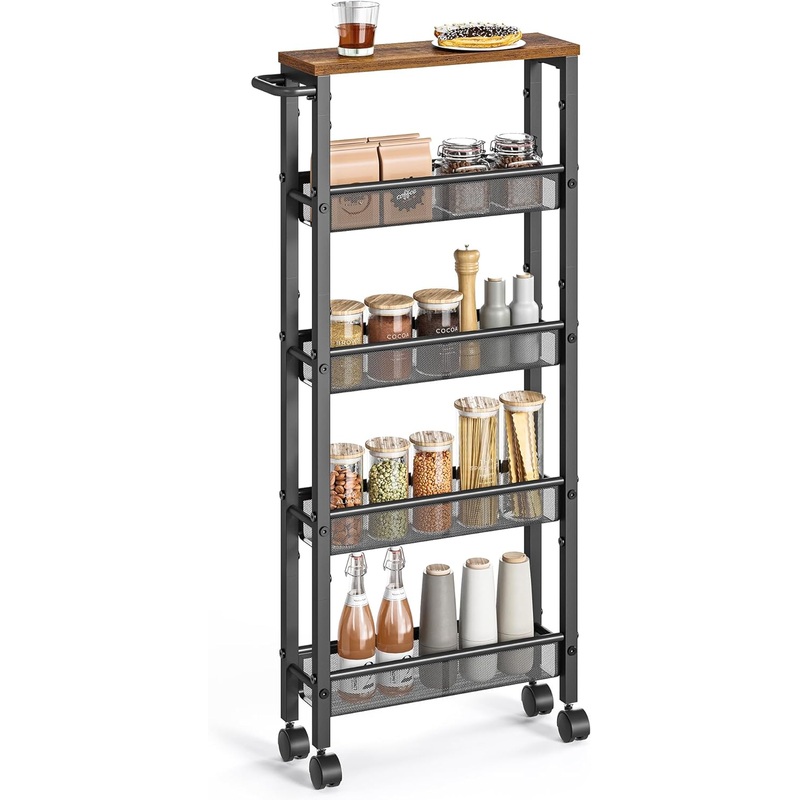 VASAGLE Slim Rolling Cart, 5-Tier Storage Cart, Narrow Cart with Handle, 5.1 Inches Deep, Metal Frame, for Kitchen, Dining Room, Living Room, Home Office, Rustic Brown and Black ULRC034B01