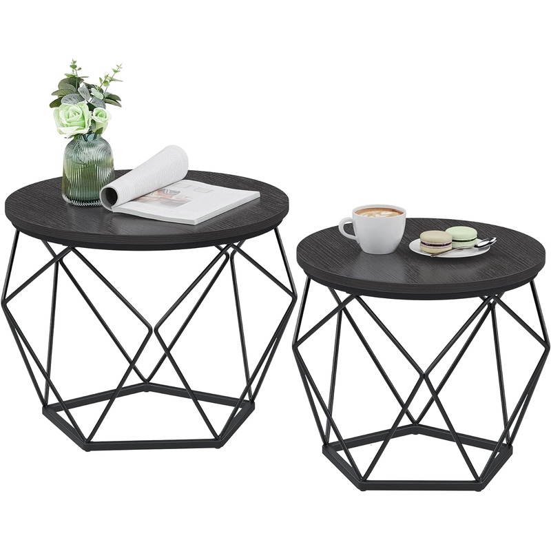VASAGLE Small Coffee Table Set of 2, Round Coffee Table with Steel Frame, Side End Table for Living Room, Bedroom, Office, Black
