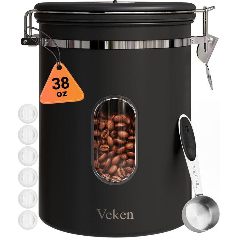 Veken 38oz Large Coffee Canister with Window, Airtight Stainless Steel, Kitchen Food Storage Container with Lids, Date Tracker and Scoop, Grounds Coffee Beans, Tea, Flour, Cereal, Sugar Jars, Black