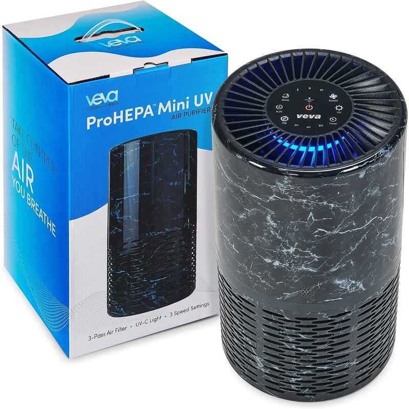 Veva Black Circular Air Purifier, Compact and Modern with UV-C Light, HEPA Filter, 3 Speed Settings, Soft Light, 220 sqft coverage