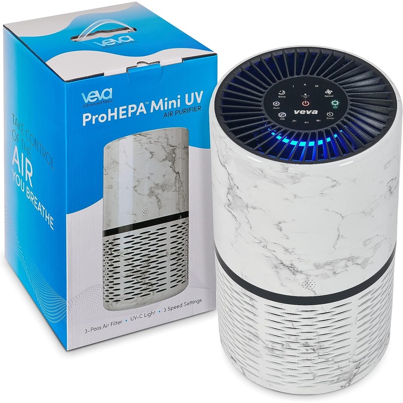 Veva White Circular Air Purifier, Compact and Modern with UV-C Light, HEPA Filter, 3 Speed Settings, Soft Light, 220 sqft coverage