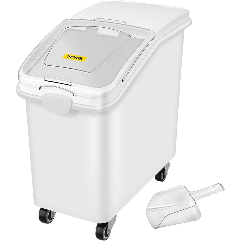 VEVOR 27 Gallon food storage containers 500 Cup Ingredient Bin with Scoop and Sliding Lid Commercial Food Container Ideal for rice storage, dog food container, flour, and sugar containers, White