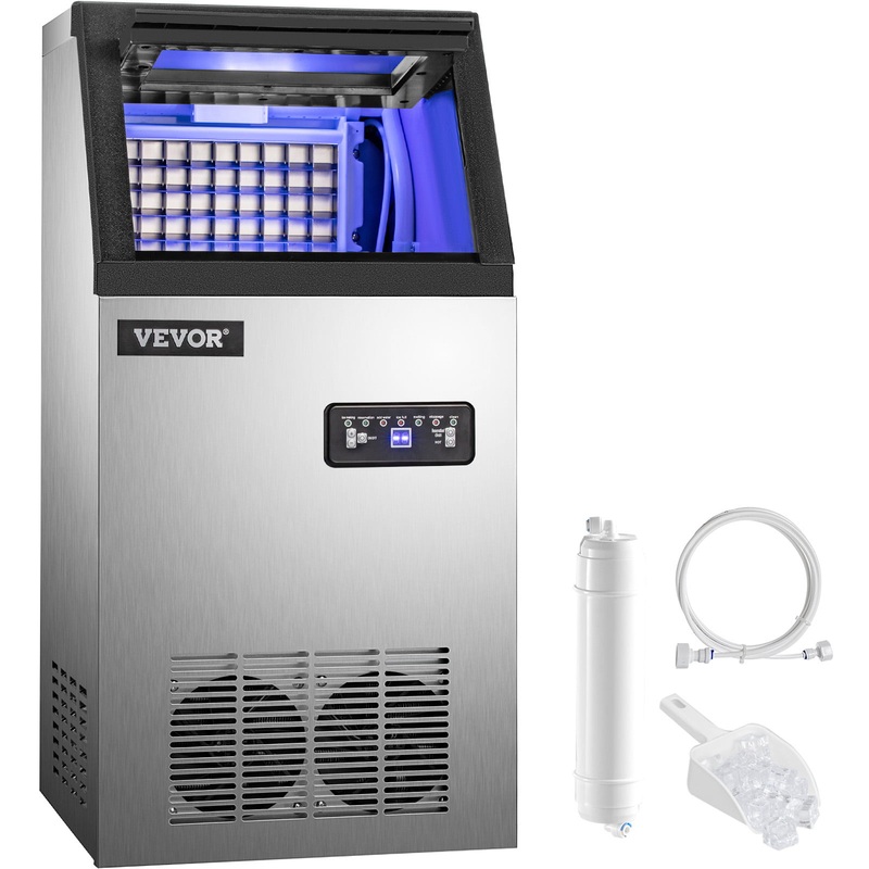 VEVOR Commercial Ice Maker 100lbs/24h,Ice Machine with 22lbs Storage 48 Cubes Stainless Steel Auto Clean for Bar Home Supermarkets Includes Scoop and Con, Sliver