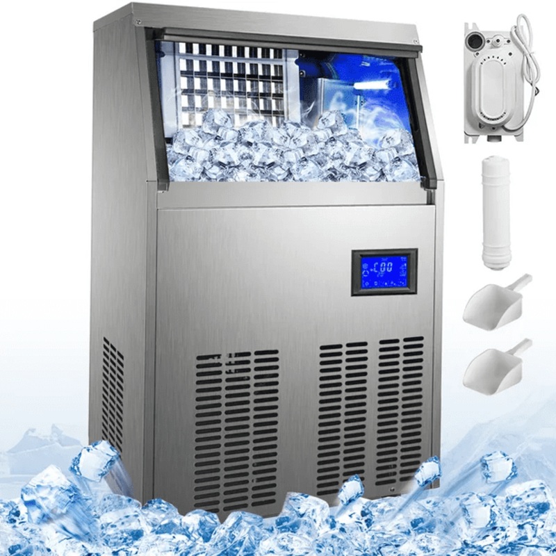 VEVORbrand Commercial Ice Maker 120-130lbs/24h with 33lbs Bin and Electric Water Drain Pump, Clear Cube, Stainless Steel Construction, Auto Operation