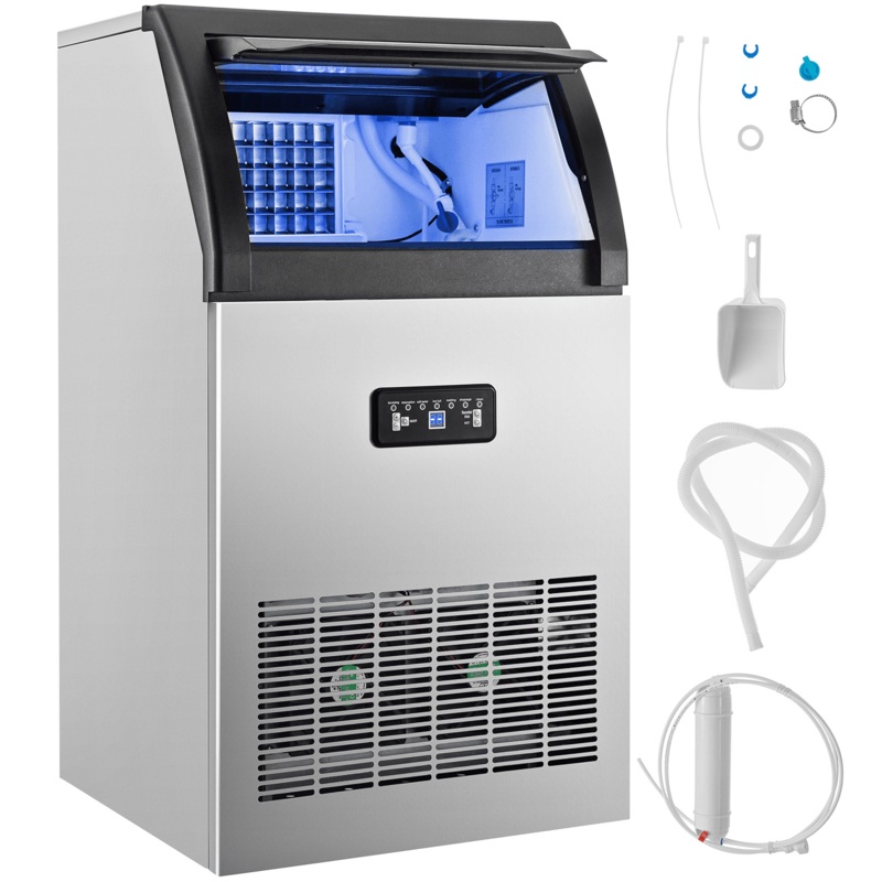 VEVORbrand Commercial Ice Maker 120 lbs/24h, 530W Commercial Ice Machine with 29 lbs Storage Capacity, Stainless Steel Construction Ice Cube Making Machine, includes Water Filter and Connection Hose