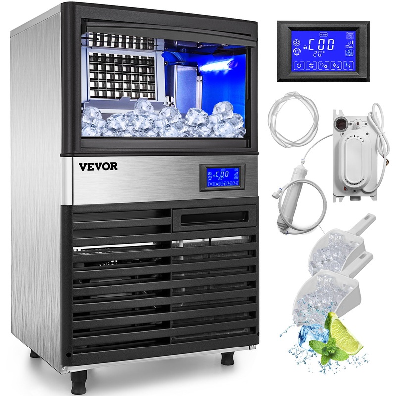 VEVORbrand Commercial Ice Maker 155Lbs/24H With 44Lbs Bin And Electric Water Drain Pump, Clear Cube, Stainless Steel Construction, Auto Operation, Include Water Filter 2 Scoops And Connection Hose