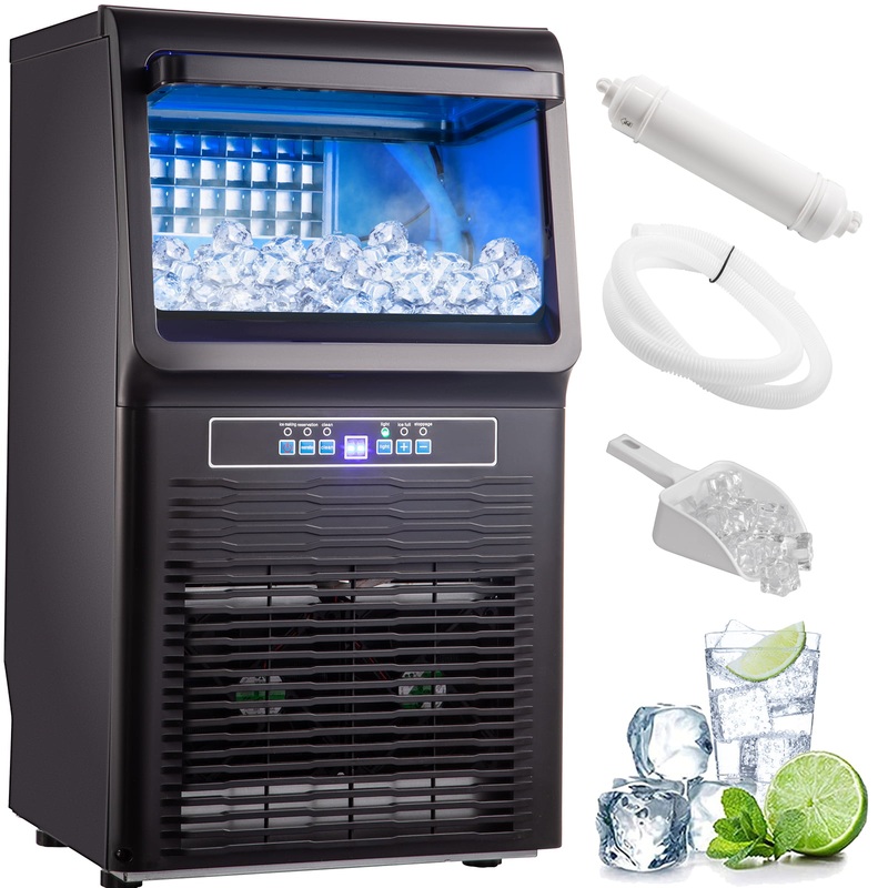 VEVORbrand Commercial Ice Maker 70lbs/24H, 350W Automatic Portable Ice Machine,Countertop Ice Maker with 11lbs Storage, 36Pcs per Tray, Auto Operation, Blue Light, Include Water Filter, Drain Pipe