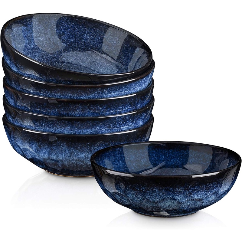 vicrays Ceramic Salad Bowls Set for Kitchen, Serving  32 Ounce Soup Bowls, Pasta Bowls, Chip Resistant, Dishwasher Microwave Safe, Large, Fluted, stoneware, Set of 6 (Blue)