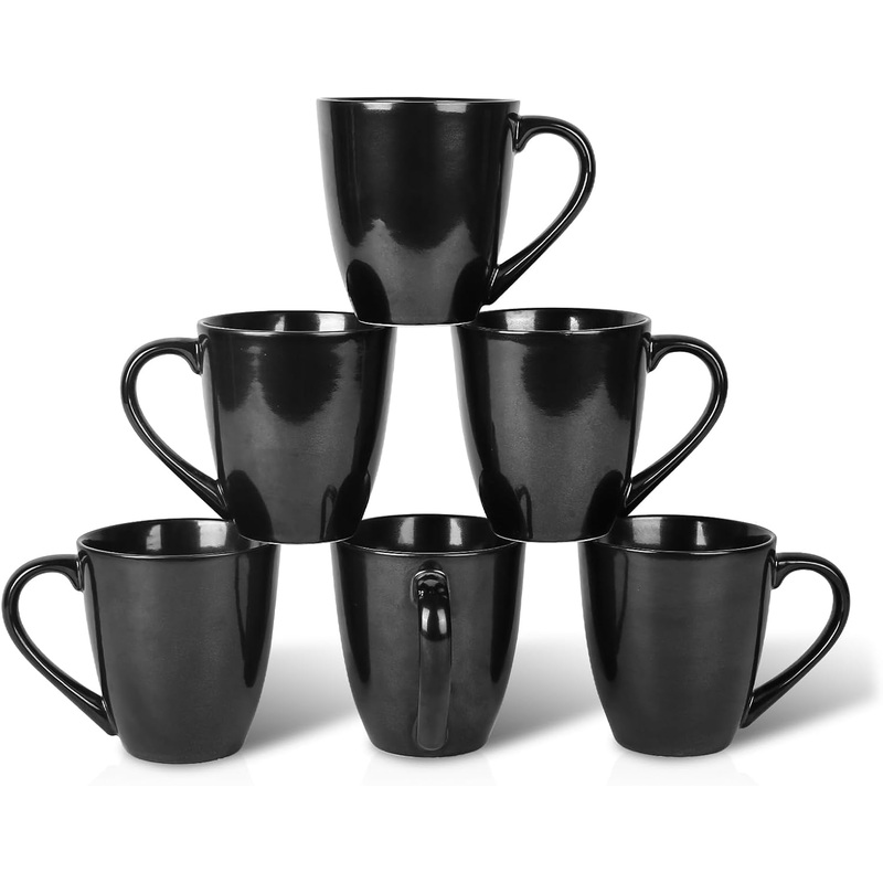 vicrays Coffee Mug Set, 12 Ounce, Ceramic Mug for Men, Women, Unique Glazed Mugs with Handle for Coffee, Tea, Milk, Cocoa, Cereal  Set of 6 Black