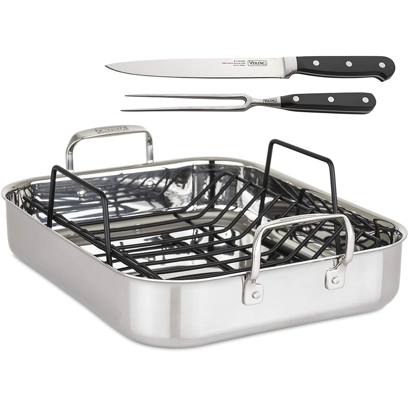 Viking 3-Ply Clad Stainless Steel Roaster with Rack and 2-Piece Carving Set