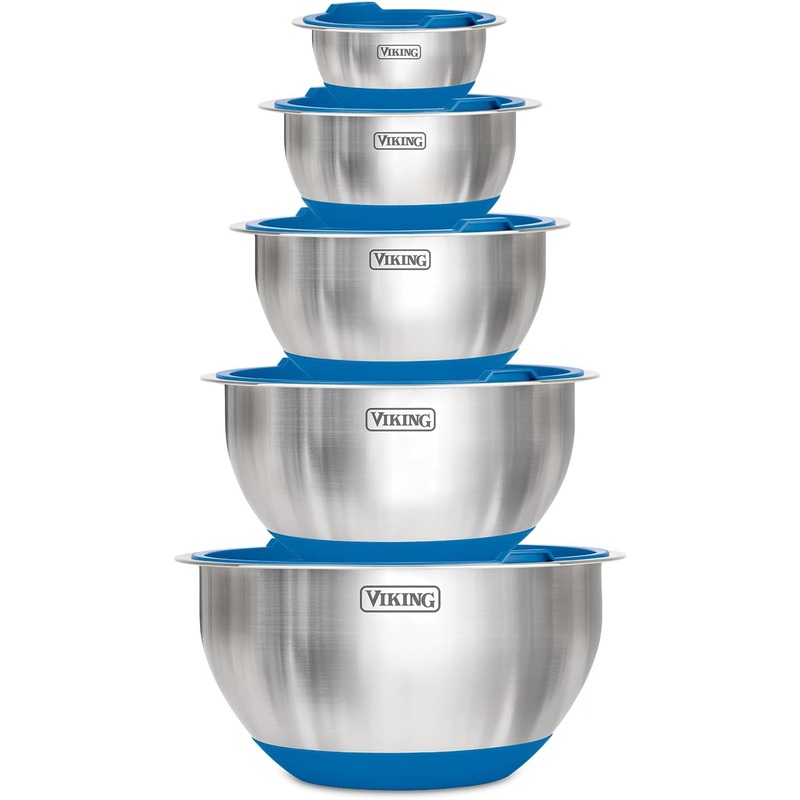 VIKING Culinary Stainless Steel Mixing Bowl Set, 10 piece, Non-slip Silicone Base, Includes Airtight Lids, Dishwasher Safe, Blue