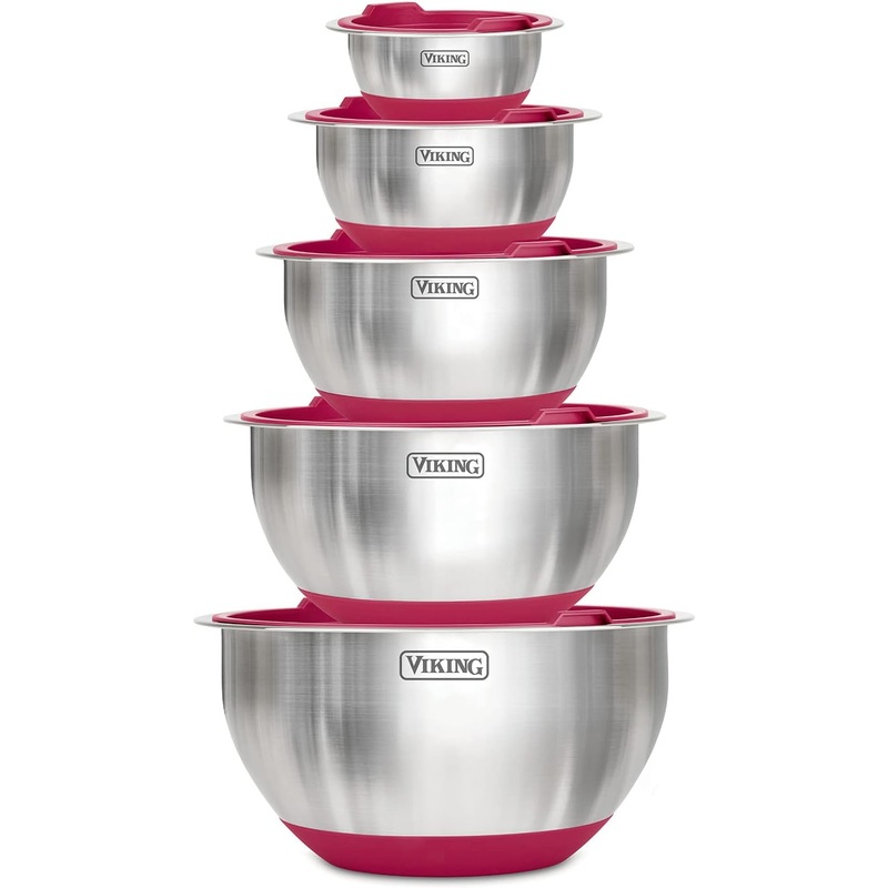 VIKING Culinary Stainless Steel Mixing Bowl Set, 10 piece, Non-slip Silicone Base, Includes Airtight Lids, Dishwasher Safe, Red
