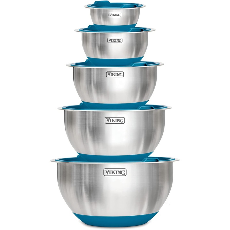 VIKING Culinary Stainless Steel Mixing Bowl Set, 10 piece, Non-slip Silicone Base, Includes Airtight Lids, Dishwasher Safe, Teal
