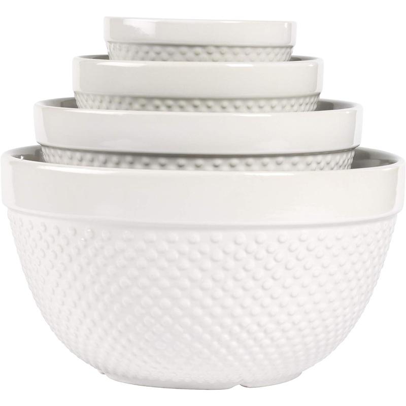 TTU Tabletops Gallery Hobnail Style 4 Piece Classic White Stoneware Nesting Mixing Bowl Set for Baking and Cooking