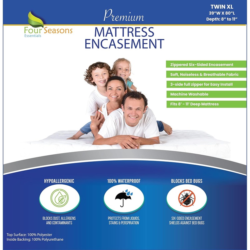 Twin Extra Long (Twin XL) Mattress Protector (8-11 Depth)  Zippered Waterproof Cover  Fits College Dorm Twin XL Mattress  Hypoallergenic Premium Quality Encasement