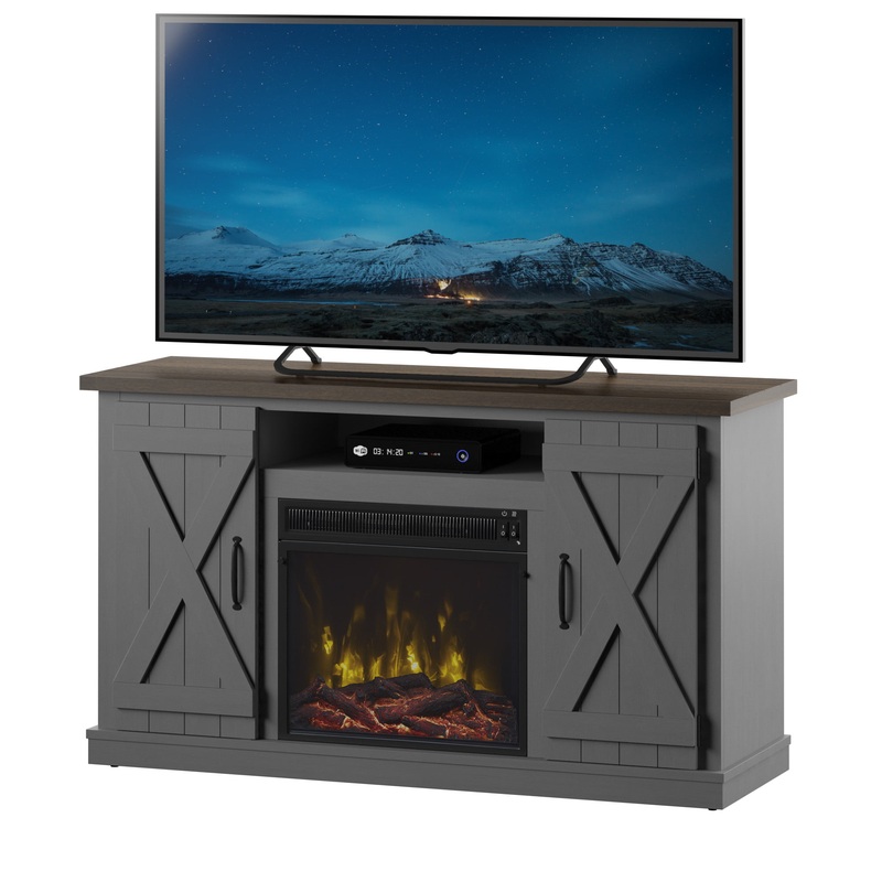 Twin Star Home Barn Door TV Stand for TVs up to 55 with ClassicFlame Electric Fireplace, Gray