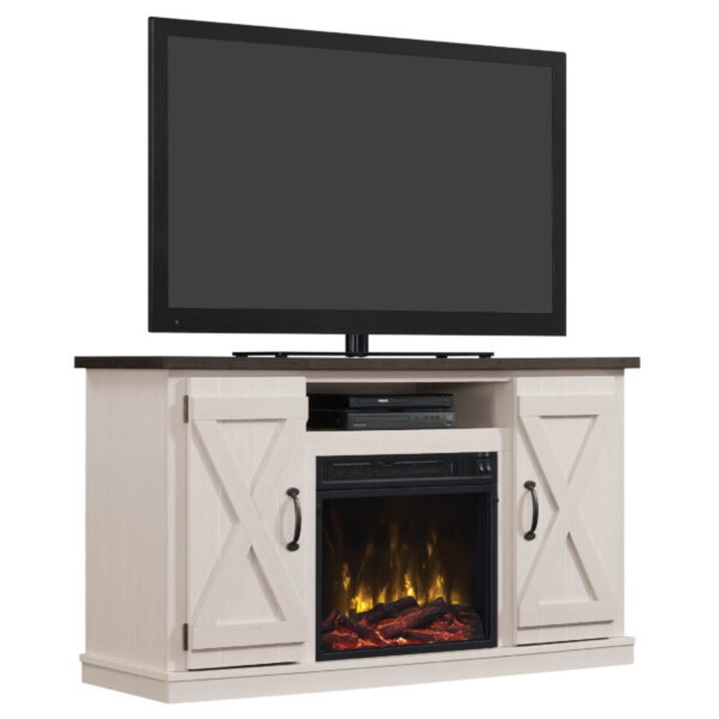Twin Star Home Barn Door TV Stand for TVs up to 55 with ClassicFlame Electric Fireplace, Old Wood White