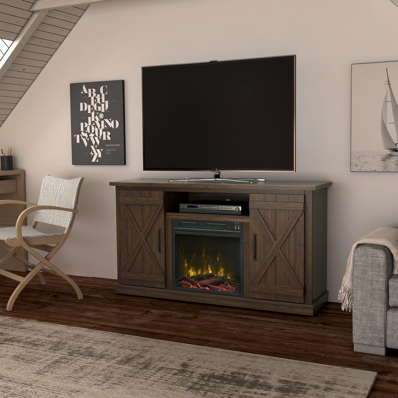 Twin Star Home Barn Door TV Stand for TVs up to 55 with ClassicFlame Electric Fireplace, Sawcut Espresso