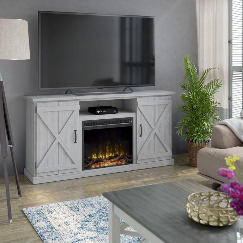 Twin Star Home Barn Door TV Stand for TVs up to 70 inches with ClassicFlame Electric Fireplace, Sargent Oak