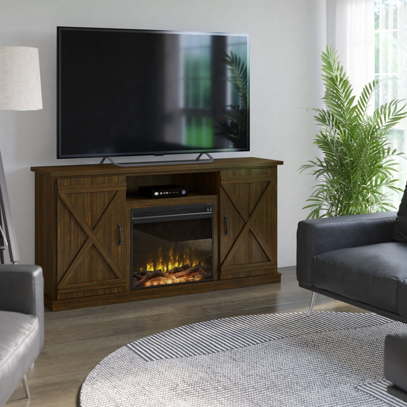 Twin Star Home Barn Door TV Stand for TVs up to 70 inches with ClassicFlame Electric Fireplace, Sawcut Espresso