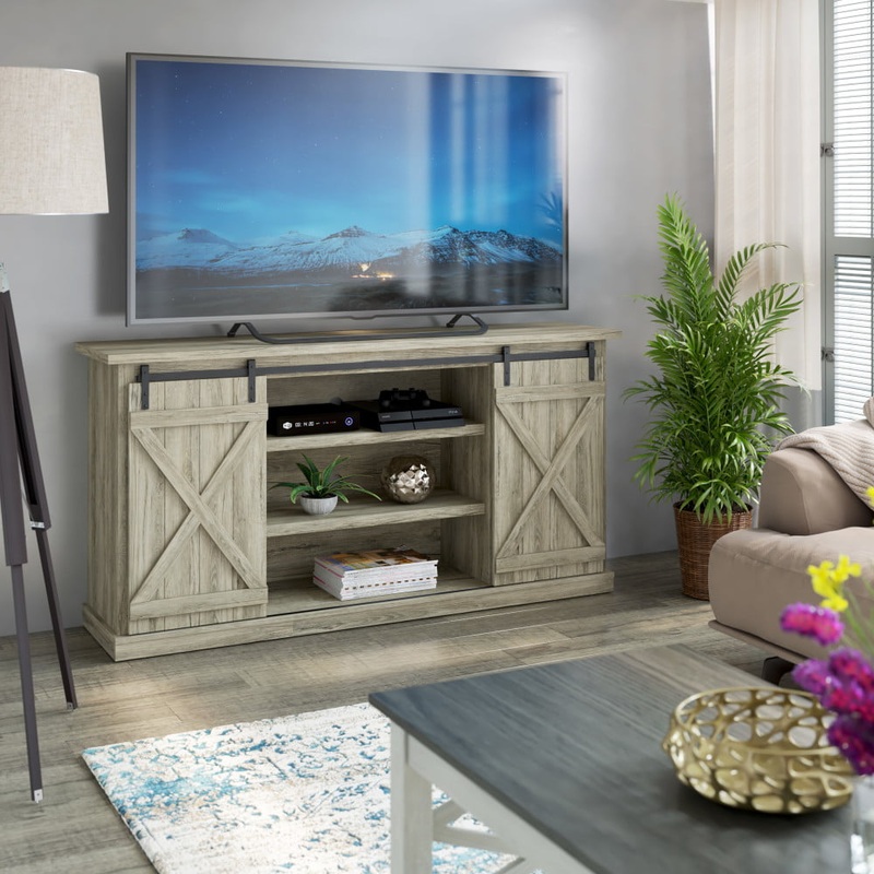 Twin Star Home Modern Farmhouse TV Stand with Sliding Barn Doors  for TVs up to 70 , Ashland Pine