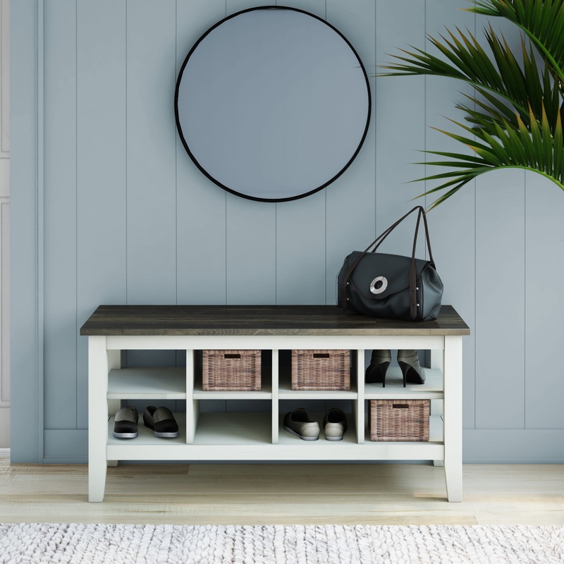 Twin Star Home Modern Farmhouse Two-Tone Storage Bench with Planked Top and Removable Dividers in Old Wood White