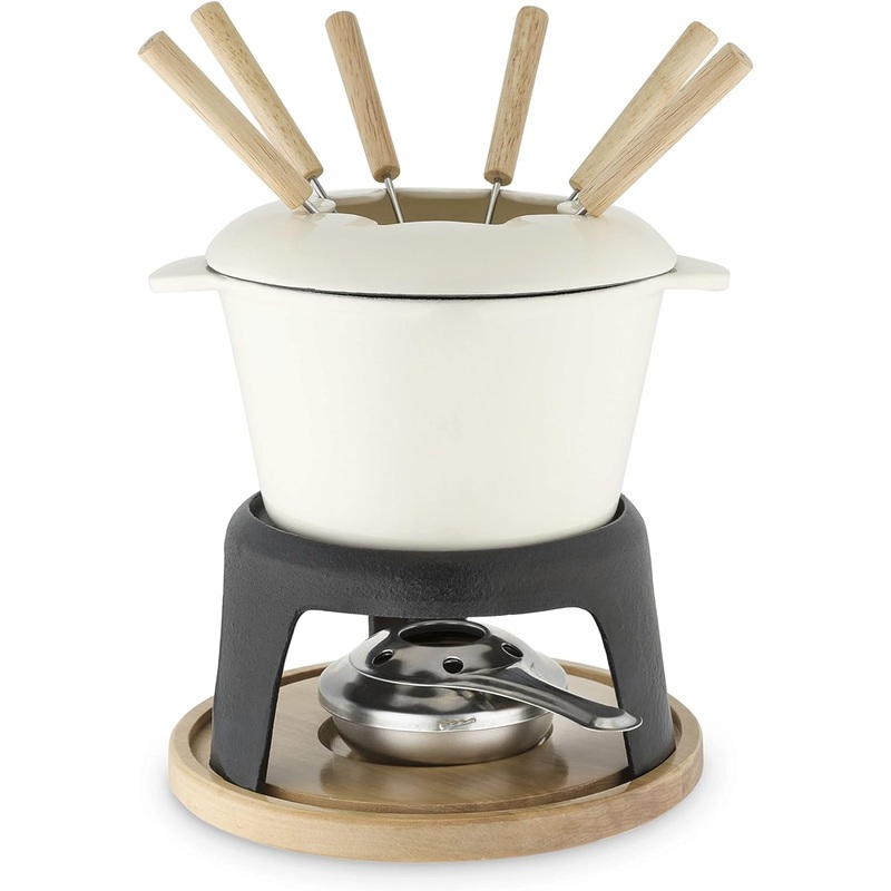 Twine Farmhouse Kitchen Enamel Cast Iron Fondue Set Cheese Melting Pot Metal Stand with Stainless Steel Forks and Chrome Gel Burner, 8.5, Off-Cream