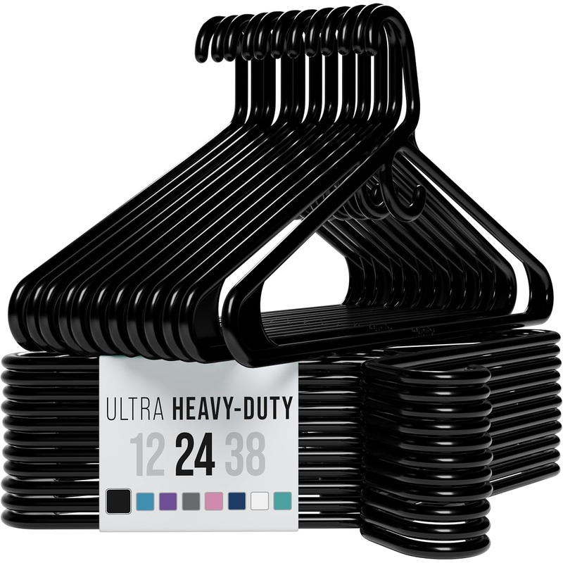 Ultra Heavy Duty Plastic Clothes Hangers  Black  Durable Coat, Suit and Clothes Hanger. Perchas De Ropa (24 Pack  Black)