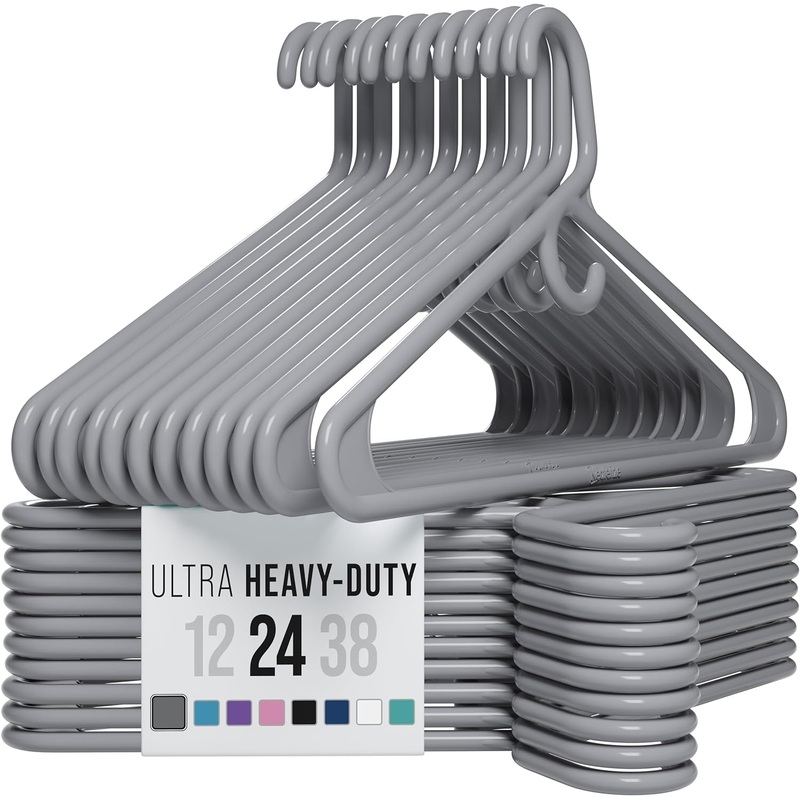 Ultra Heavy Duty Plastic Clothes Hangers  Grey  Durable Coat, Suit and Clothes Hanger. Perchas De Ropa (24 Pack  Grey)