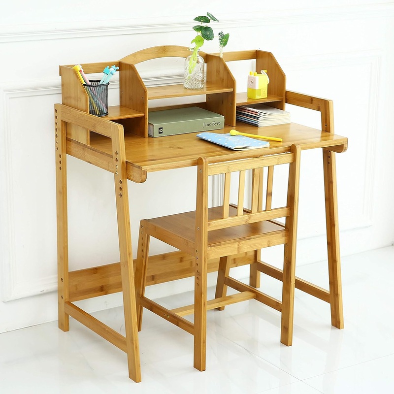 UNICOO  Bamboo Height Adjustable Kids Desk and Chair Set, Children Desk, Study Table and Chair Set (Nature -01)