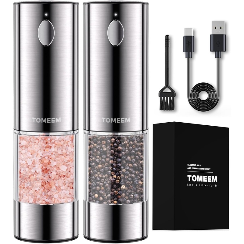 Upgraded Larger Capacity Electric Salt and Pepper Grinder Set Rechargeable with LED lights, Stainless Steel Automatic Pepper and Salt Grinder Refillable with 5 Adjustable Coarseness